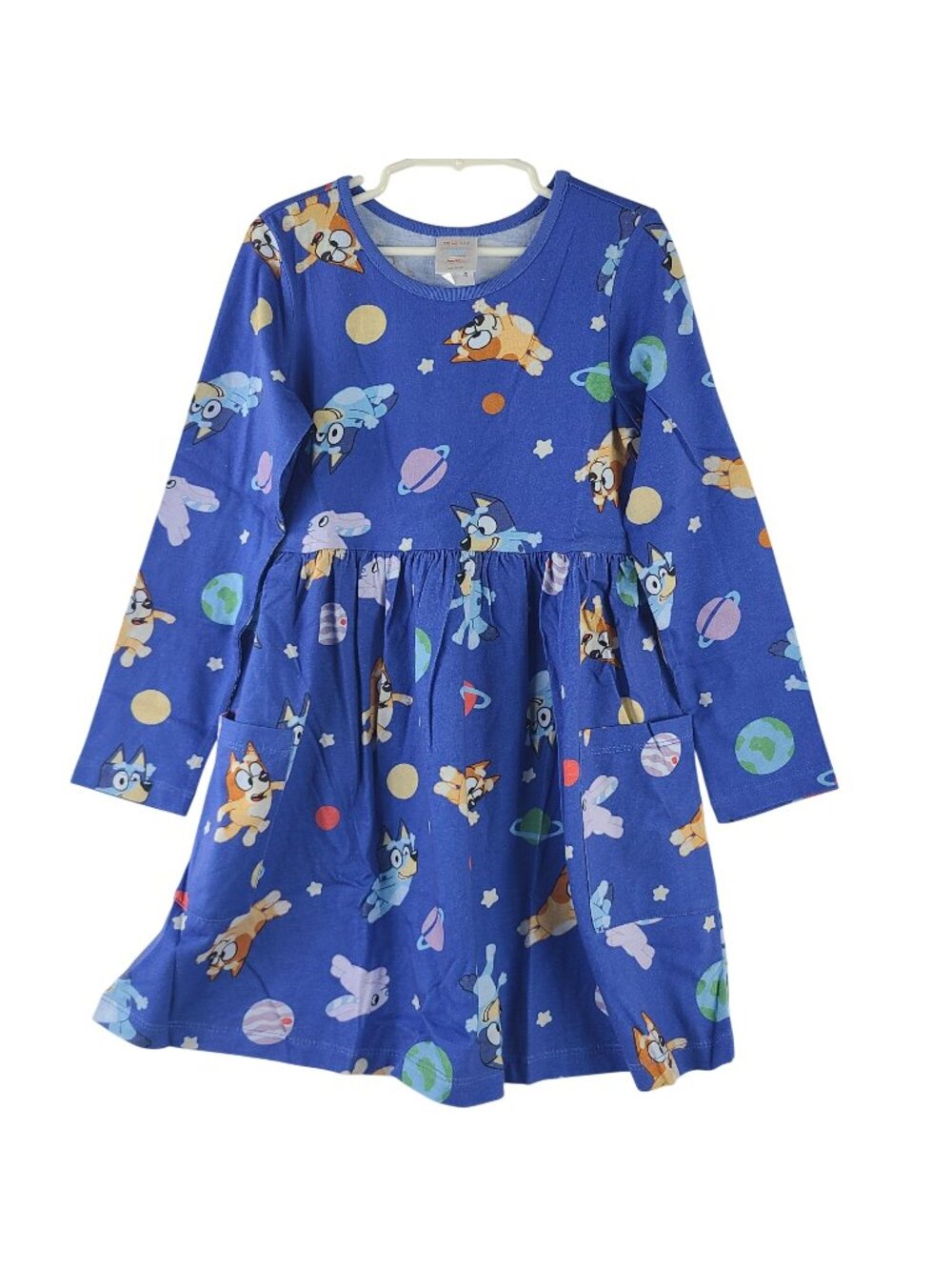 NEW Hanna Andersson Bluey Long Sleeve Girls Pocket Dress Sz 6-7 Yr 100% Cotton